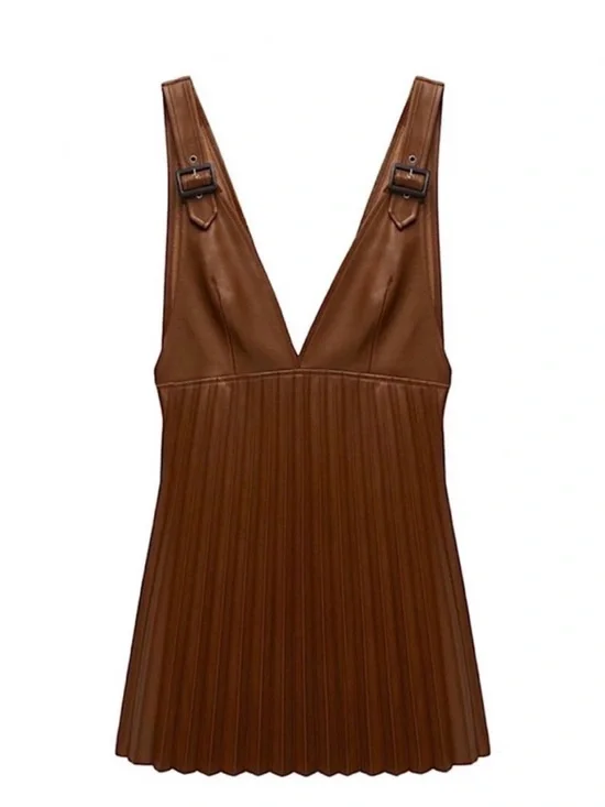 NWT ZARA Brown Vegan Leather Pleated Dress - Picture 2 of 9